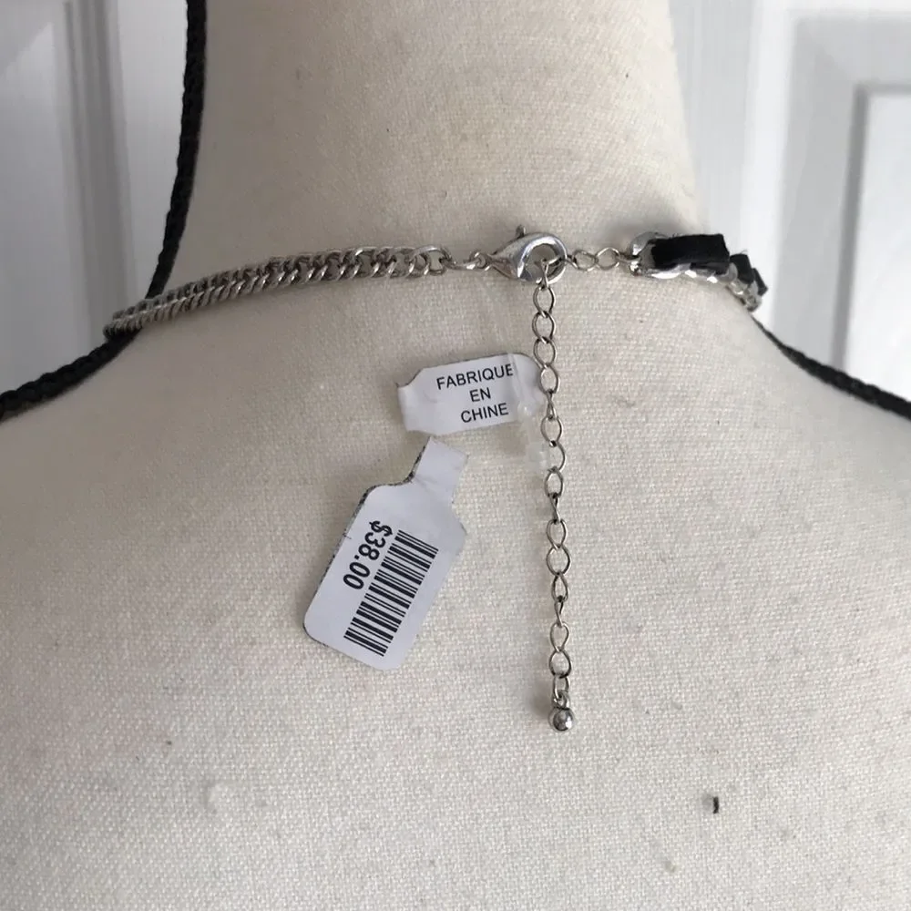 Free People Silver Tone and Black Leather Striped Necklace